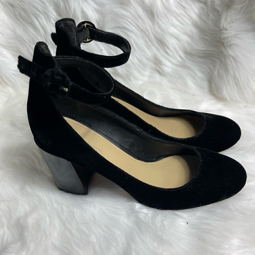 Marc Fisher Black velvet ankle strap patent synthetic leather block heel…